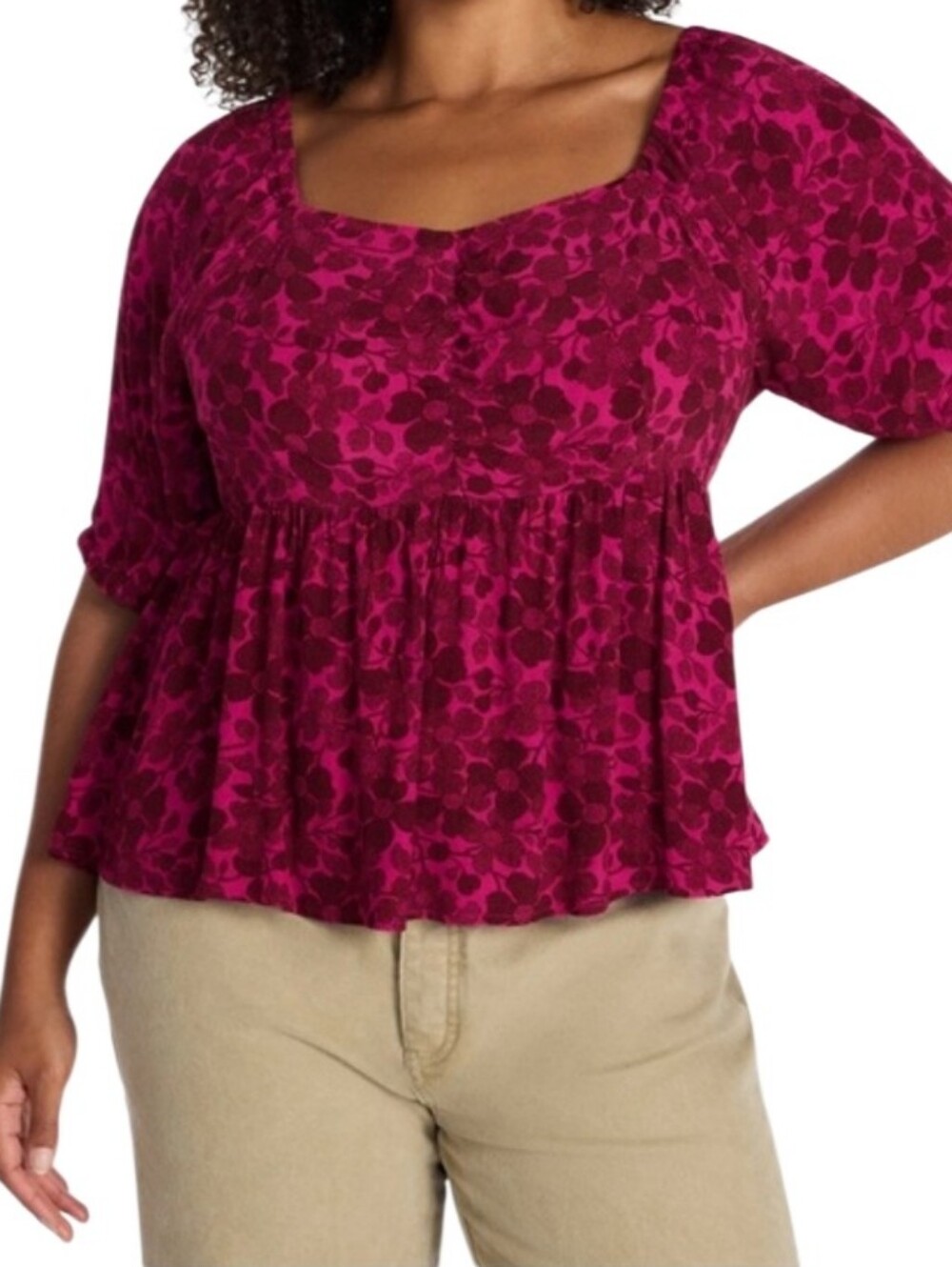 Women’s Peplum Square-Neck Top in Deep Berry Floral Sz 1x Nwt